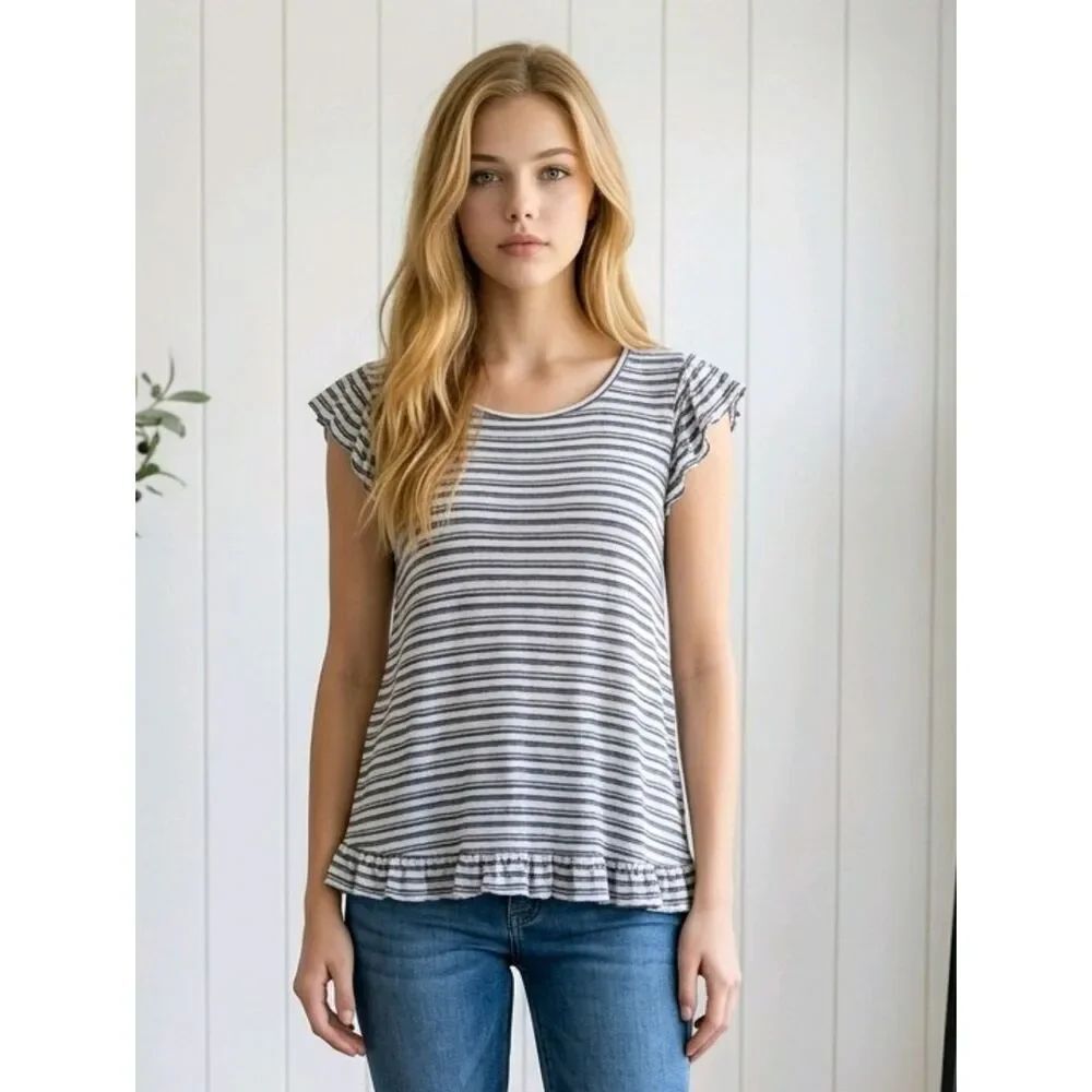 Altar’d State Blue Stripe Flutter Sleeve Ribbed Top S Peplum Breezy Coastal Chic